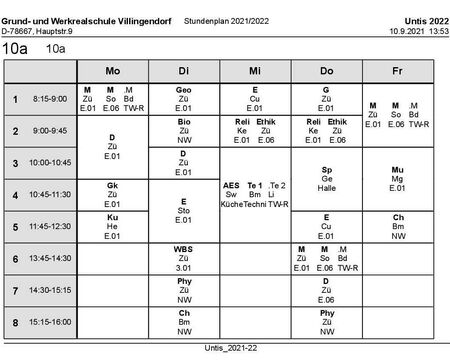 Stundenplan und Materialliste Klasse 10a 2021/22
