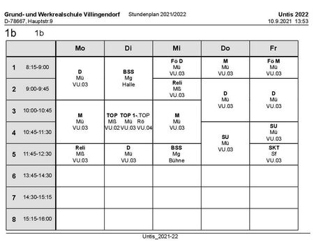 Stundenplan und Materialliste Klasse 1b 2021/22