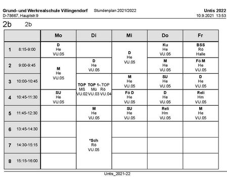 Stundenplan und Materialliste Klasse 2b 2021/22