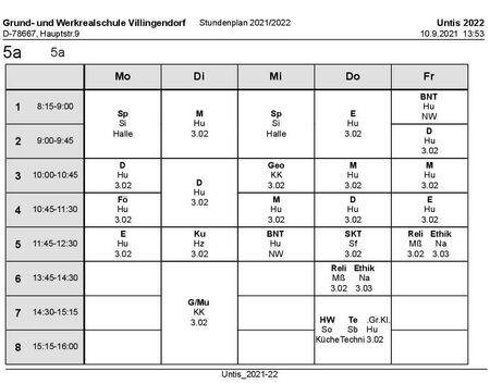 Stundenplan und Materialliste Klasse 5a 2021/22