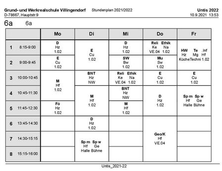 Stundenplan und Materialliste Klasse 6a 2021/22