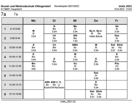 Stundenplan und Materialliste Klasse 7a 2021/22