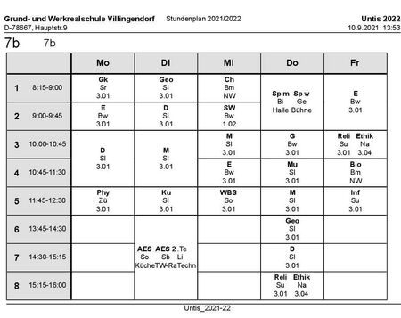 Stundenplan und Materialliste Klasse 7b 2021/22