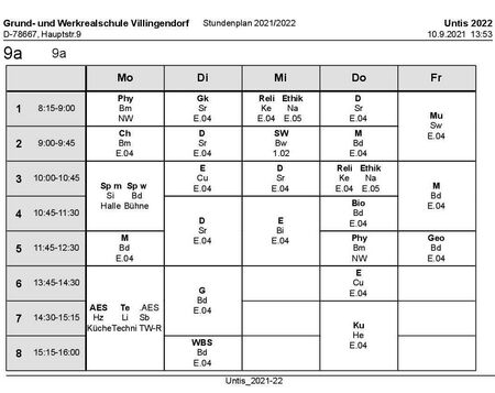 Stundenplan und Materialliste Klasse 9a 2021/22