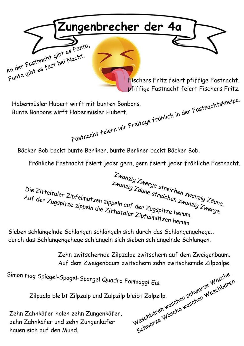 Zehn zackige Zungenbrecher zogen zehn zackige Zungen ein